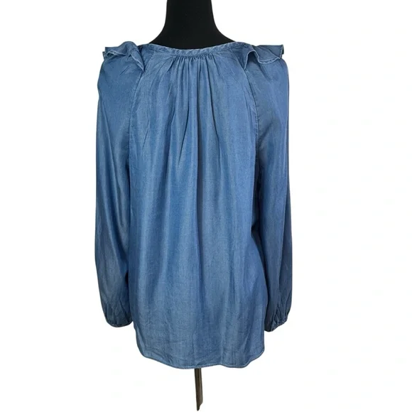 NWT Loft Outlet Chambray Lyocell Peasant Top Ruffles Flowy Soft Women's Large - Picture 4 of 11